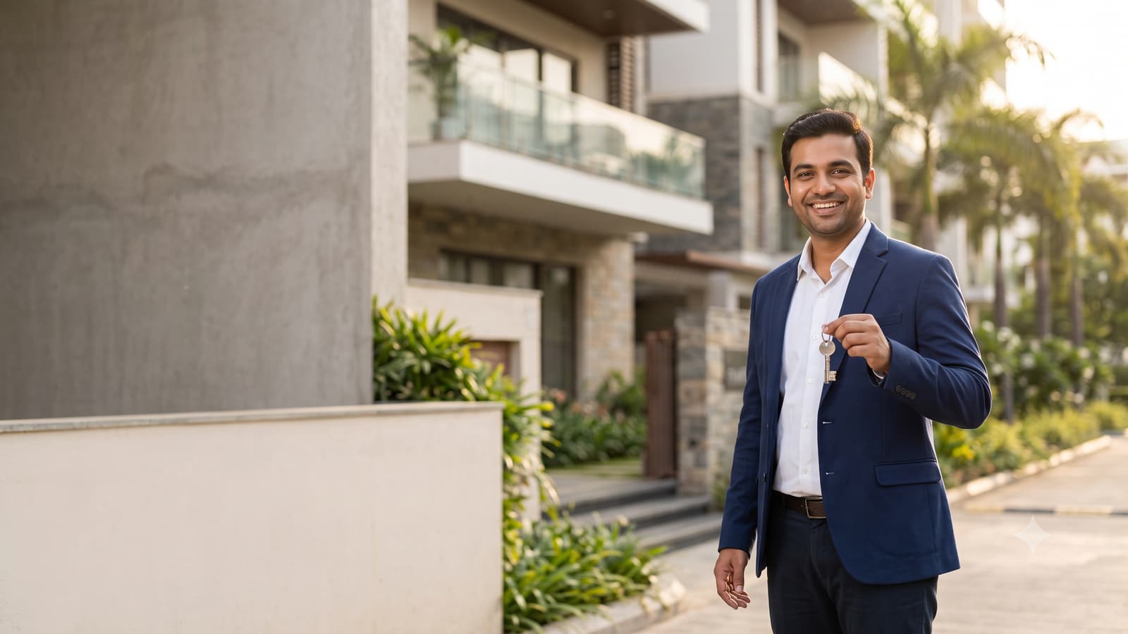 A smiling Indian real estate agent in smart clothes holding house keys in front of a modern apartment building.