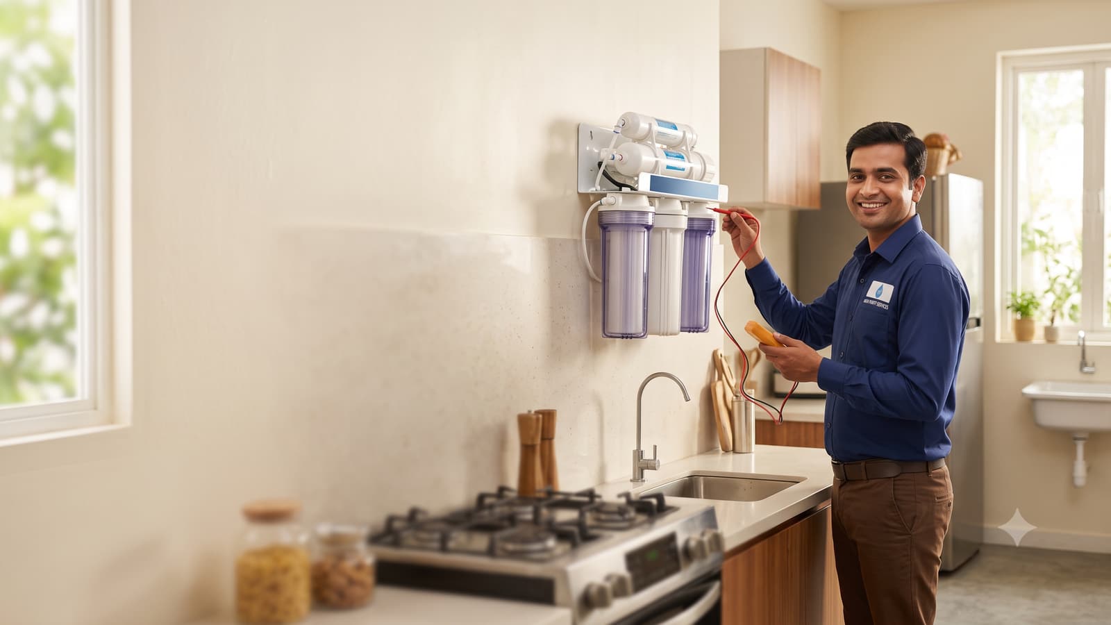 A smiling Indian water purifier technician in a uniform checking a wall-mounted RO water purifier in a bright kitchen.