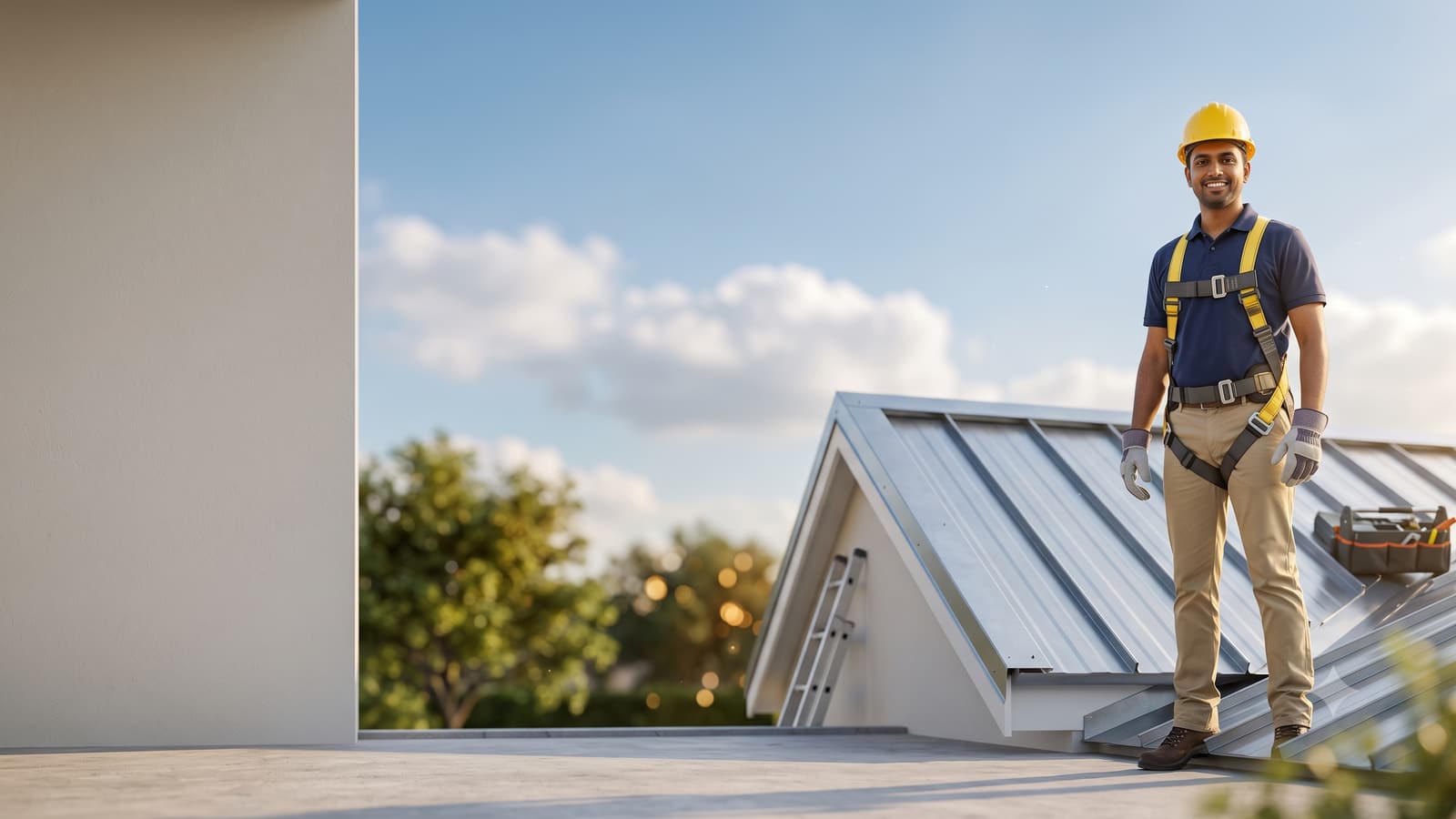 A smiling Indian roofing contractor in a safety helmet and harness standing on a house roof with new metal sheets and a blue sky.