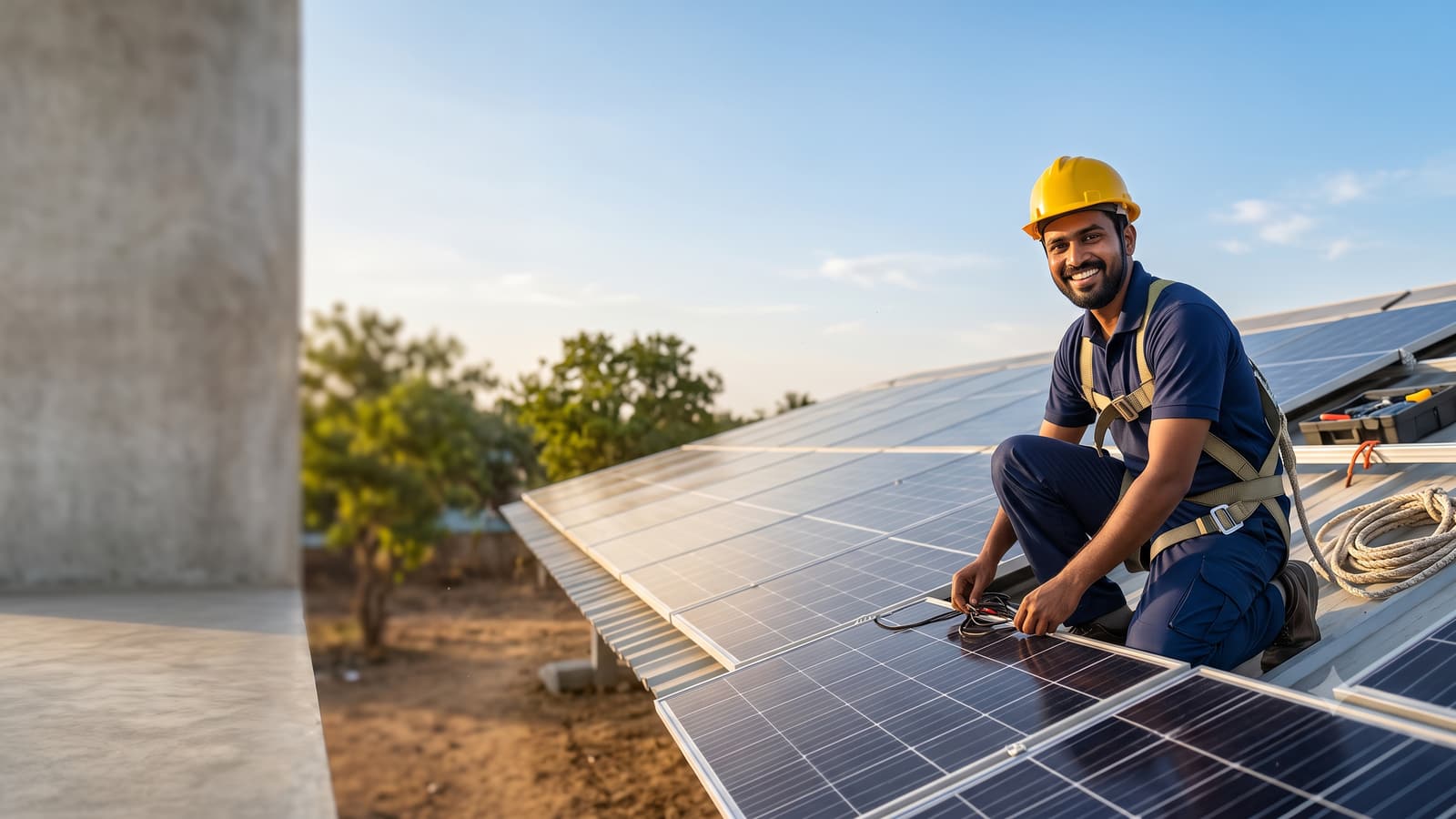 A smiling Indian solar installer in a helmet and a harness on a rooftop with new solar panels shining under a blue sky.