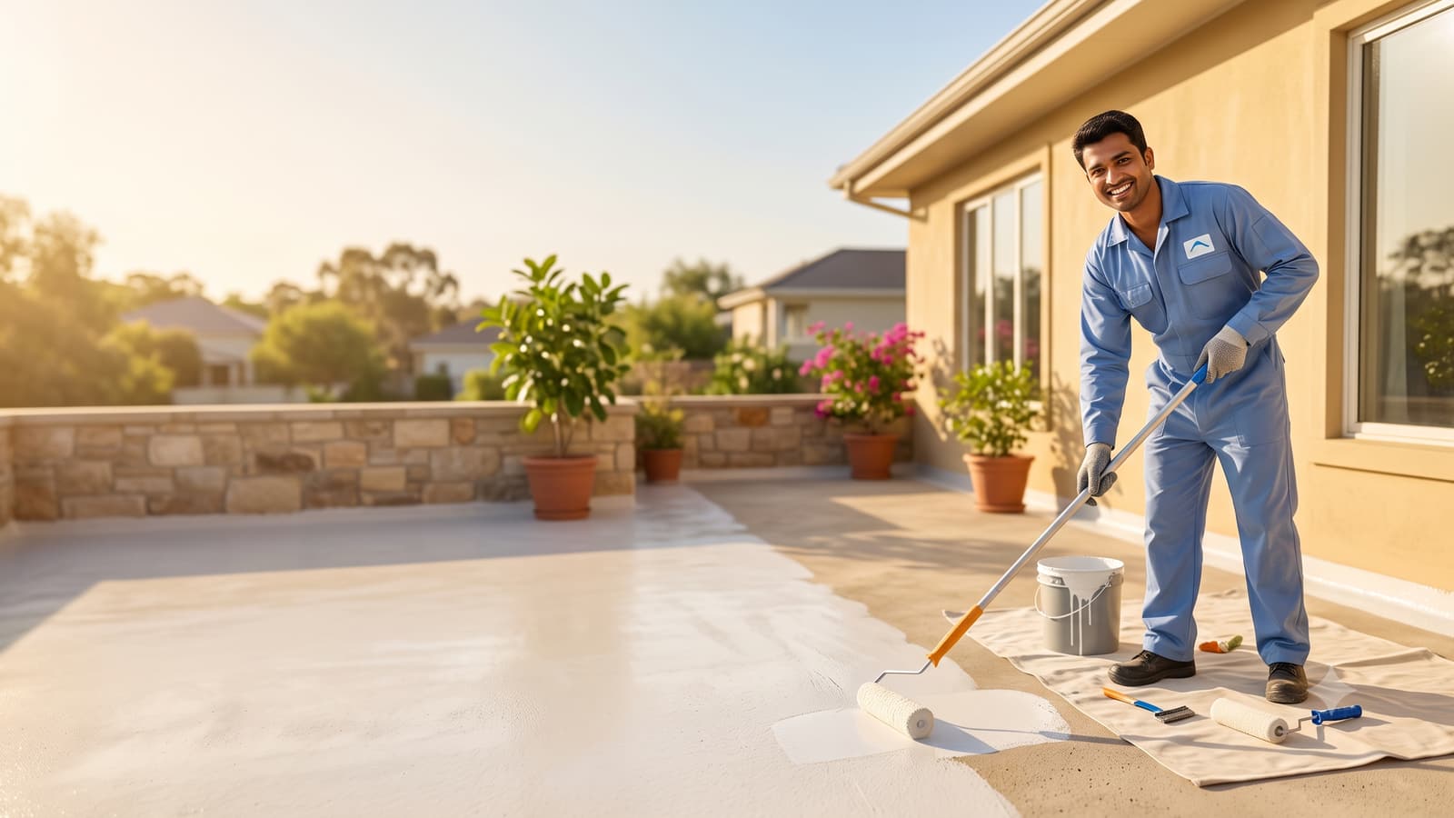A smiling Indian waterproofing contractor in a work uniform applying a coating with a roller on a sunny house terrace.