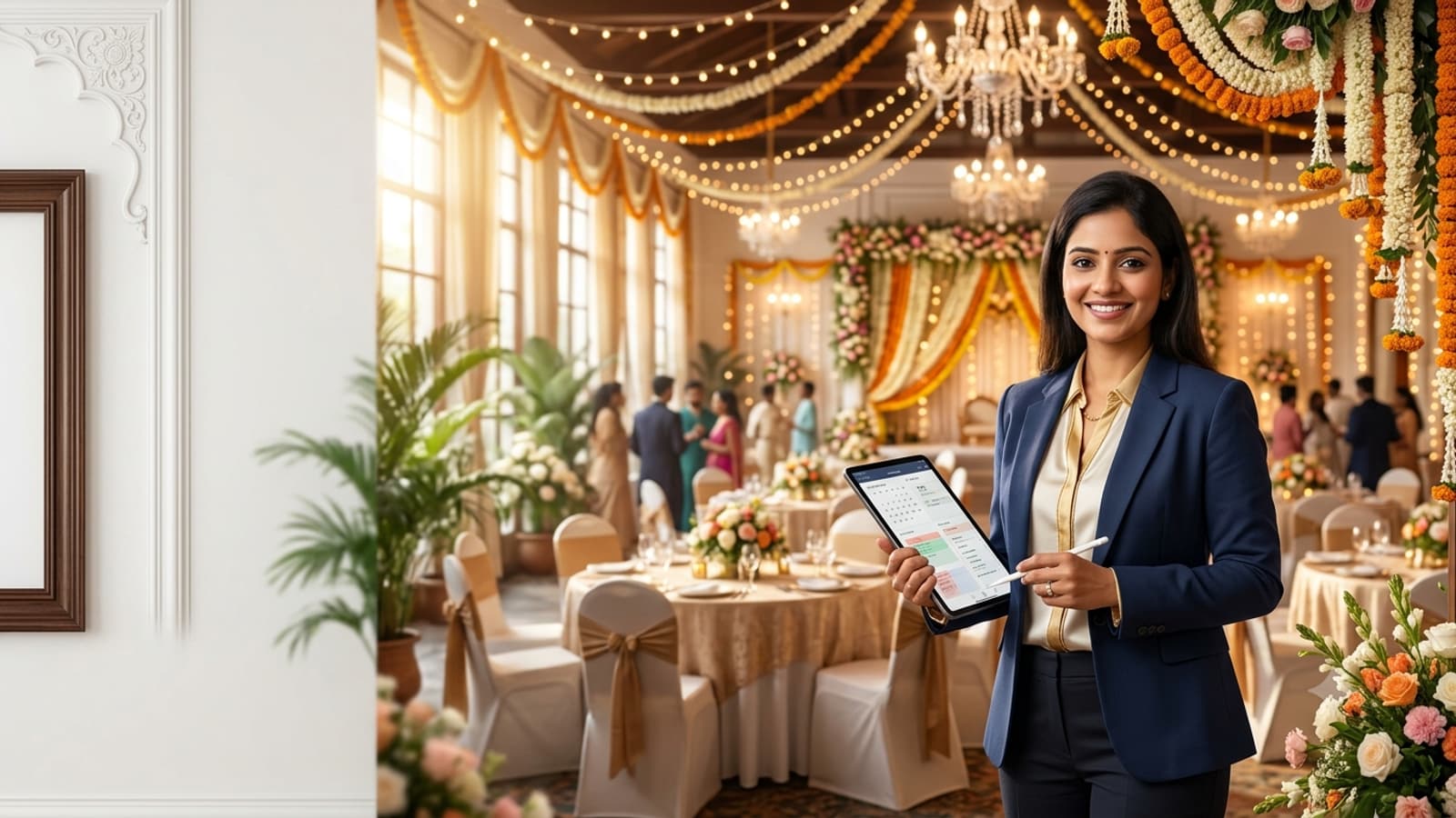 A smiling Indian wedding planner in smart clothes holding a tablet in a beautifully decorated wedding hall with flowers and lights.