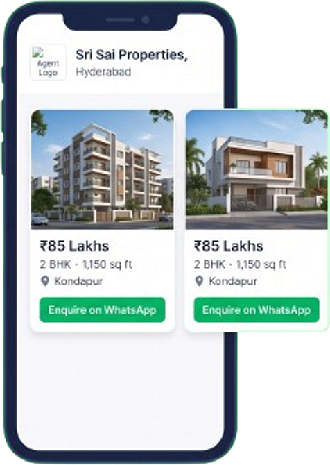 Real estate listings page on a phone with WhatsApp enquiry button