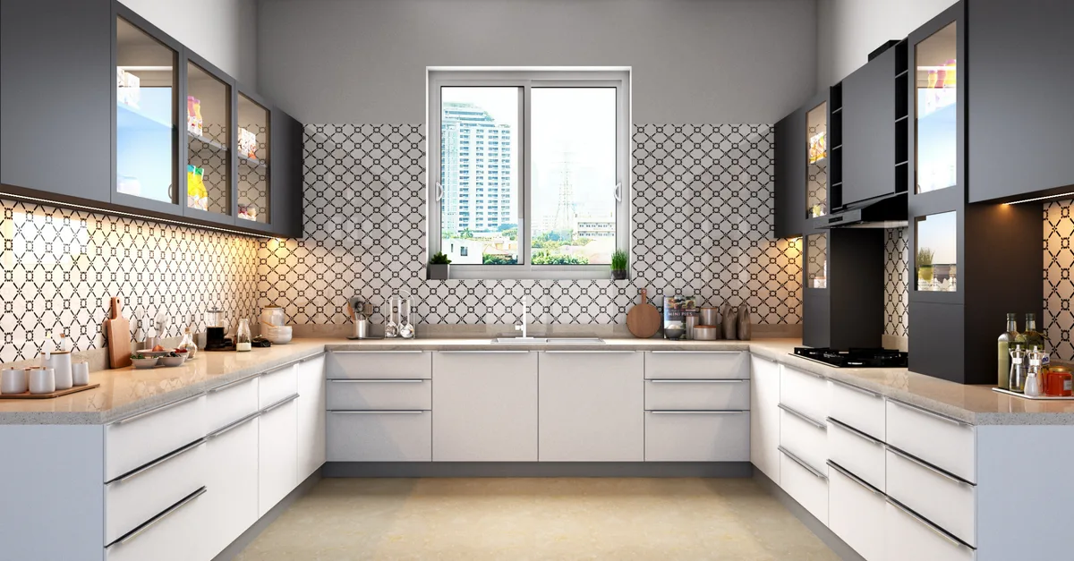Sleek modular kitchen with contemporary cabinets and tile backsplash, showcasing urban style.